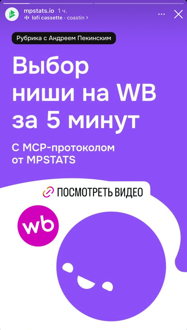 Сторис MPSTATS: выпуск рубрики с Андреем Пекинским «Выбор ниши на WB за 5 минут» с MCP-протоколом от MPSTATS